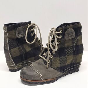 Sorel Buffalo Check Plaid PDX Wedge Boots Bootie Green Black Size 7